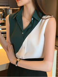 Women Shirts V-Neck Chiffon Button Up Shirt Sleeveless Patchwork Womens Top Fashion Clothes Woman 2023 Basic Ladies