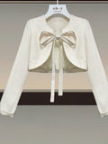 Women Spring Dresses Sets French Vintage Long Sleeve Bow Bandage Short Coat And Straps Vest Dress Two Pieces