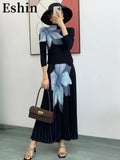 Stand Collar Three Quarter Sleeve Printing Blouse High Waist Long Skirt Pleated 2 Piece Sets For Women 2024 Summer TH4149-Outfit