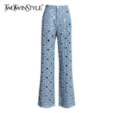 Hollow Out Wide Leg Pants For Women High Waist Ripped Hole Autumn Denim Trousers Female Fashion Clothing