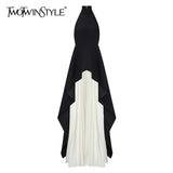 TWOTWINSTYLE Sexy Two Piece Set Women Halter Sleeveless Open Back Top High Waist Pleated Maxi Skirt Slim Women's Suit Summer