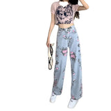 Fongt And Autumn Sweet And Spicy Girl Rose Print Jeans Women Design High Waist Straight Trousers Hanging Broad Leg Trousers