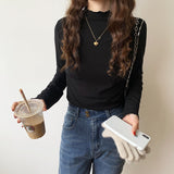 Half-High Collar Bottomed Shirt Women Wear A New White Long-Sleeved T-Shirt With Western Style Agaric