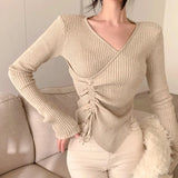 Pullover Long-sleeved V-neck Slim Sweater Cross Pleated Drawstring Knit Top 2023 Spring Autumn New Clothing Women-Outfit