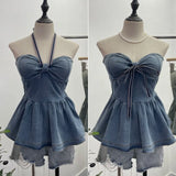 Real Shot With Chest Cushion Denim Sling Vest With Bow Hanging Neck Short Twiping Boat Blouse Woman
