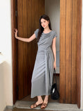Fongt Xixi 2025 Spring New Korean Version High Waist Belt Design Sense Short-Sleeved Knitted Long Dress Women 88278
