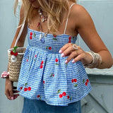 Blue Cherry Plaid Print Peplum Cami Top-Outfit