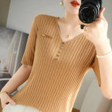 Fongt 2024 New Short Knit Women's Fashion Slim Short-Sleeve T-Shirt Thin Medium Sleeve Top-Outfit