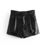 Spring Style Pleated Leather Solid Color Fashion Trendy Shorts 7385290-Outfit