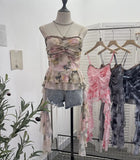 Real Shooting Atmosphere Feels A Mesh Yarn-Print Sling Vest Irregular Ribbon Splicing Lace Sleeveless Top
