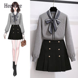 Ladies Elegant Two Pieces Set Korean Bow Collar Long Sleeve Knitted Sweater Top And Black A-line Midi Skirts