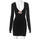 Deep V-neck Long Sleeve Bodycon Gold Applique Mini Dress-Outfit