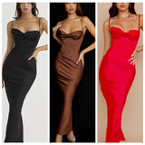 Satin Maxi Bodycon Dress Sexy Event Night Wedding Guest Dress Women Corset Party Dresses Pink Slit Dress High Quality-Outfit