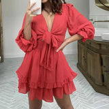 Fongt New Spring And Autumn V-Neck Long Sleeve Bubble Sleeves Pure Color With Lotus Leaf Side