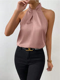 New Summer Women's Satin Neck-Hanging Sleeveless Vest Satin Imitation Silk Blouse From Stock-Outfit