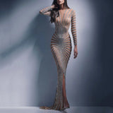 Fongt 2025 New Fashion Hot Diamond Women's Wear Mesh Perspective Long Sleeve Open Fork Dress Dress