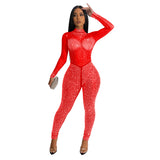 Fashion Women's Pure Color Mesh Hot Diamond Long Sleeve Trousers Jumpsuit-Outfit