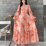 Fongt Dress Women 2025 New High-End Sense V-Neck Pearl Buckle Lantern Sleeves Wide Swing Print Long Skirt