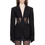 Fongt Coat Female 2024 New French Casual Fish Bone Beam Waist Mesh Stitching Slim Perspective Small Suit Summer-Outfit