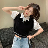 Fongt New Fake Two Short Knitted Girl Summer Design Sense Match-Comporous Body Poly Collar Short-Sleeved