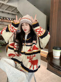 Reindeer Zipper Collar Printed Knitted Cardigan-Outfit
