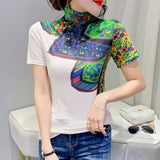 Spring Print Tees Women Turtleneck Soft Short Sleeve T Shirts Lady Mesh Elegant Stretchy Tops Tees Female T-Shirt-Outfit
