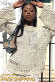 Hollow Out Cropped Knit Sweater Women Fairy Grunge Long Sleeve Top Vintage Loose Distressed Crochet Pullovers Cover-up