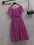 Women Summer French Vintage Square Collar Short Sleeve Dresses Office Ladies Elegant Solid High Waist A-line Dresses