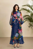 Fongt Court-Print Bubble-Sleeved Dress Women's Autumn Strap-In Belt Design Super Fairy Long Dress Dress