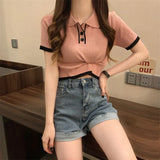 Spring New College Style Short Style Blouse POLO Collar Looks Thin And Cool With Age-Outfit