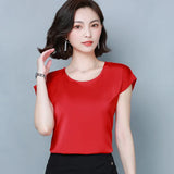 Women Blouse 2022 New Simple Solid Silk Shirts Elegant Women Loose Round Collar Short Sleeve Womens Clothing 9227