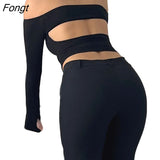 Women Sexy Knit Slim Crop Tee Shirts Off Shoulder Back Cutout Long Sleeve Sweater Casual Blouse Ribbed