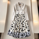 Fongt Temperament Short Double Buckle Suit Jacket Female High-End Velvet Mesh Sling Dress Two Sets
