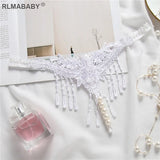 Embroidery Tassel Transparent G-String Temptation Pearl Massuge Women Underwear Thong Crotch Open Lingerie Briefs