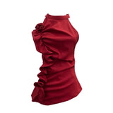 Spicy Design Sleeveless Leaves Three-Dimensional Flower Blouse Atmosphere Slimming Waist