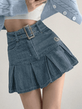 Buckle Belt Pleated Denim Mini Skirt-Outfit