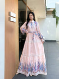 Fongt And Autumn New Women's Collar Bubble Sleeve Lantern Long-Sleeved Lantern With Belt Positioning Print Single Buckle Dress