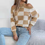 Shooting Autumn And Winter New Casual Shoulder Bump Color Lattice Lantern Long-Sleeved Sweater Women's