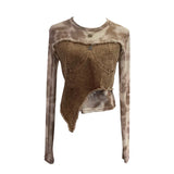 Vintage Dye Mesh Spliced Denim Shoulder Long-Sleeved T-Shirt T-Shirt T-Shirt Dress