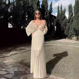 Fongt Summer New Women's Sexy Thin Dress V Collar Shawl Sleeve Hollow White
