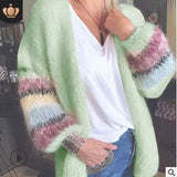 Fongt New Sweater Striped Mare Hairy Open Shirt Autumn And Winter Knitted Long-Sleeved Coat Women's