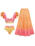 Gradient Print Split Swimsuit Women 2025 New Bikini Skirt Three-Piece