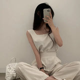 Chic Summer New Small Fresh French Temperament Sleeveless Vest Waist Wide Leg Pants Two Suit Female-Outfit