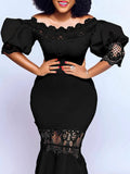 Fongt Women's One-Word Collar Bubble Sleeve Lace Splicing Banquet Fishtail Dress Dress Dress Dress Dress Dress