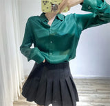 New women's black satin lapel blouse Women's green