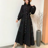 Fongt Gentle Style Dress Spring New Female Design Hollow Lace Splicing Bubble Sleeve Holiday Dress
