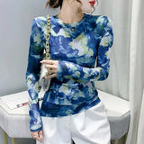 S-3XL Autumn Spring Full Sleeve O-Neck T-shirt Girls Solid Stretchy Printed Mesh TShirts Tops Women Tees-Outfit