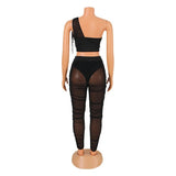 2 Piece Sets Womens Outfits Club Wear Black Sheer Mesh Irregular Top and Leggings Set Night Party Rave Festival Outfits-Outfit
