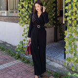 Lady Elegant Wide Leg Jumpsuits Women Autumn Solid Color Rompers Belted Waist Office Wear Playsuits Long Pants