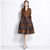 Fongt Dress Women's Autumn New Light Luxury Niche High-End Feeling Deep V-Neck Splicing Of The Flowers Showing Thin And Fluffy Long Dress